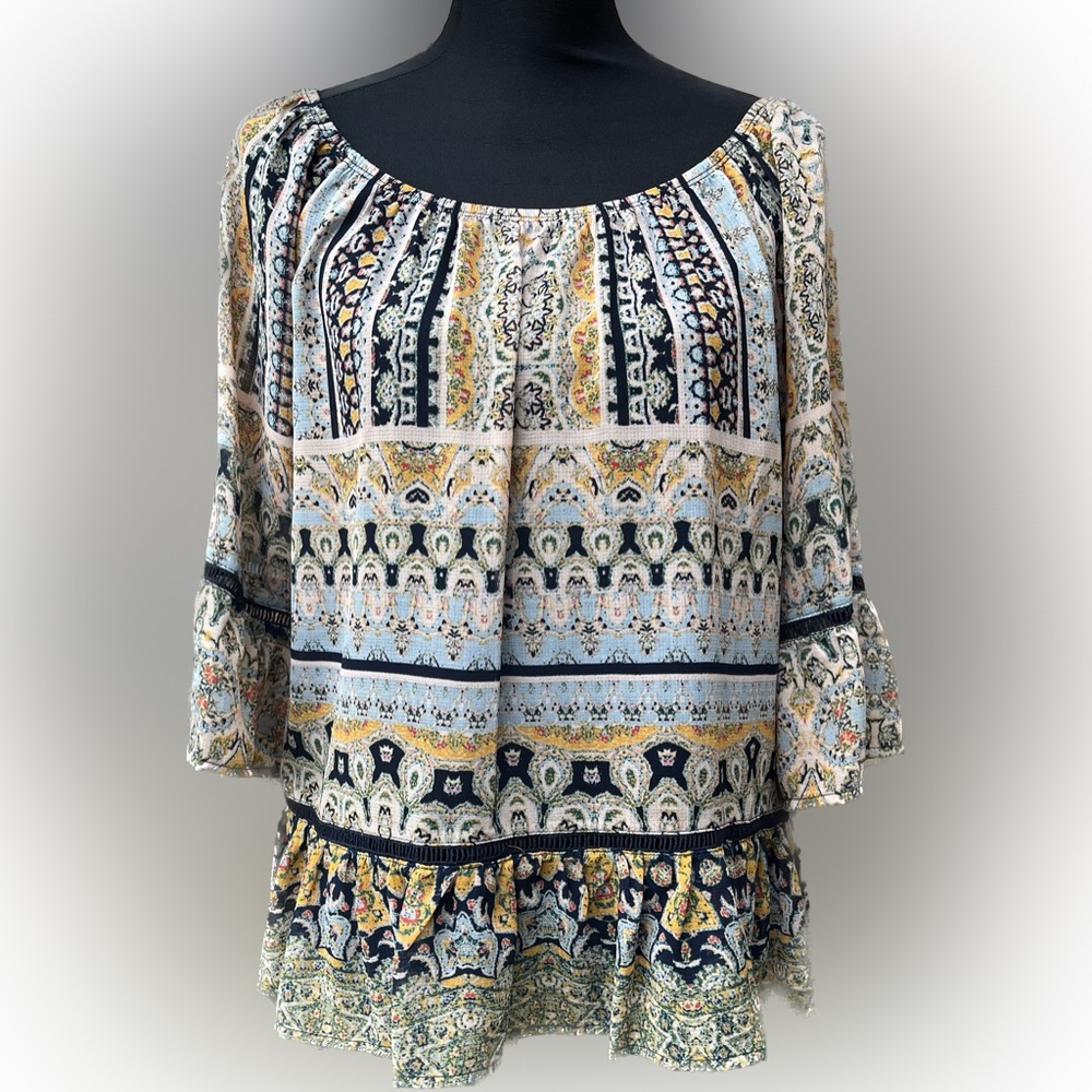 DEMOCRACY SMALL PRINTED BOHEMIAN HIPPY SILKY LONG TRUMPET SLEEVE BOAT NECK TOP
